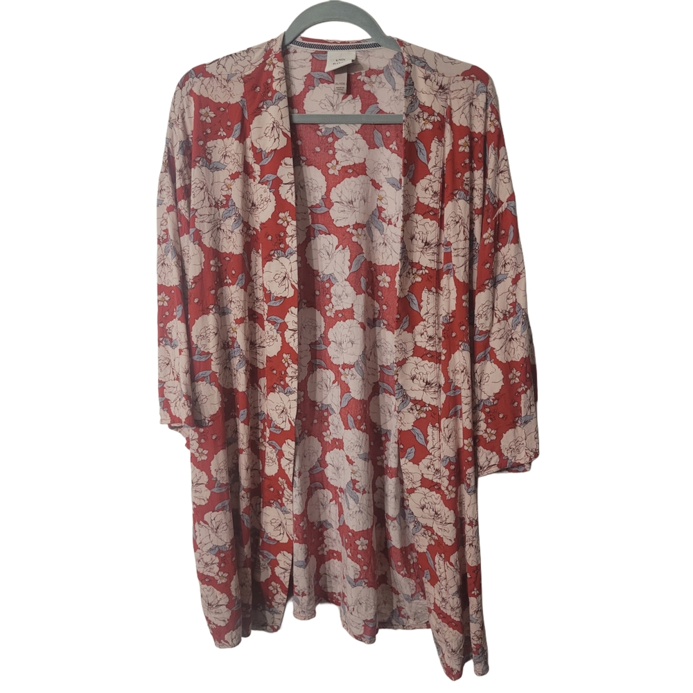 Knox Rose Red and White Floral Open Kimono Style Cardigan Size XL/XXL